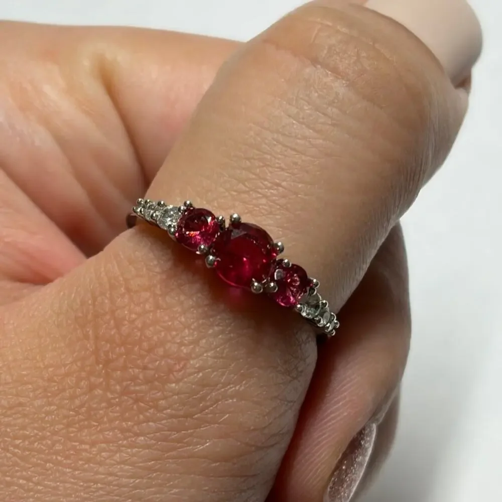 Bomb Party July Birthday Ring 3 Stone Lab Created Ruby on Silver Tone Size 11
